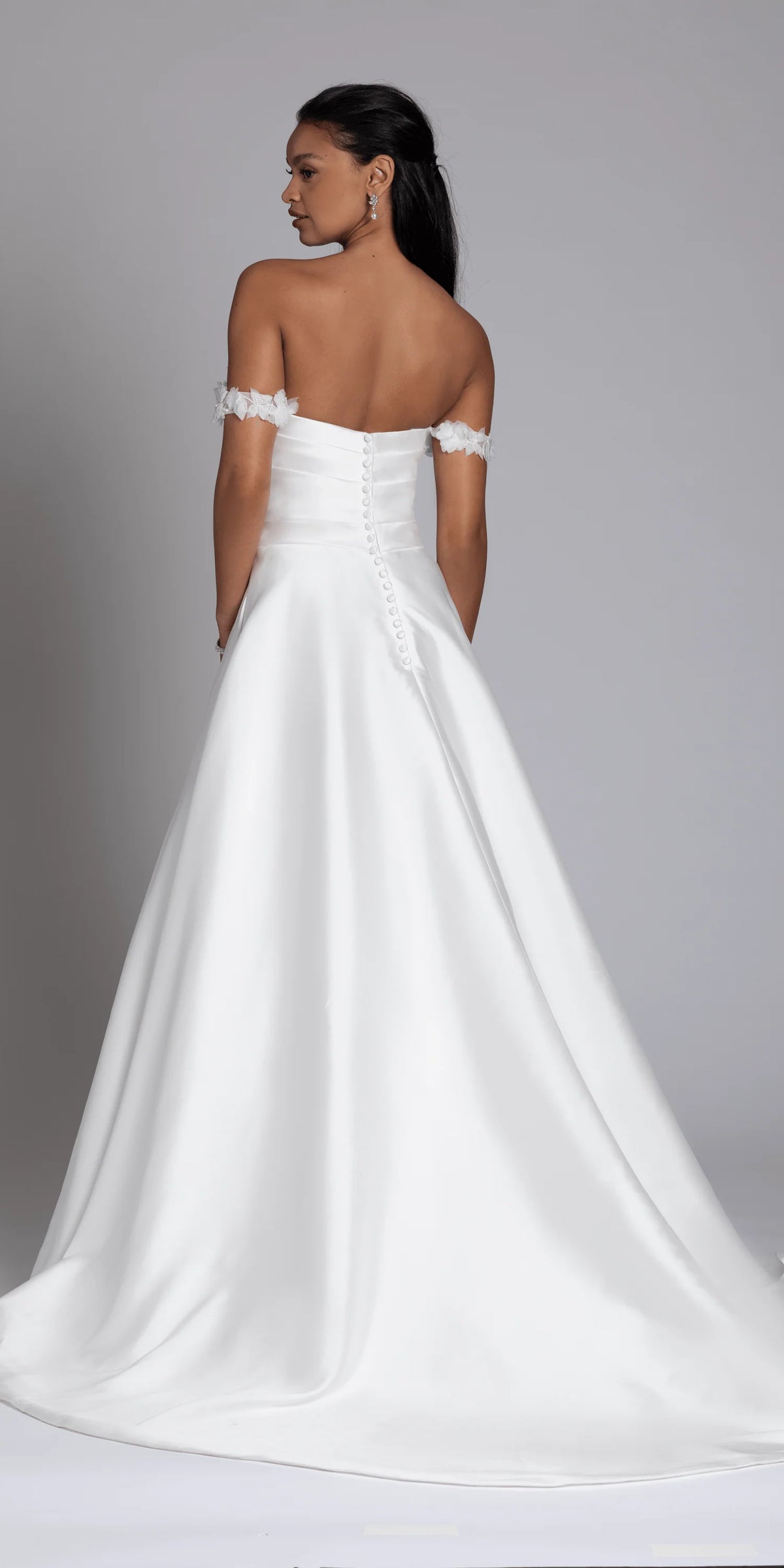 Mikado Off the Shoulder Pleated Bodice Ballgown with Pockets