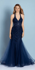 Sequin Embroidered Halter Corset Tulle Mermaid Dress