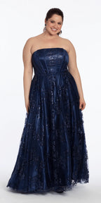 Strapless Glitter Mesh Corset Ballgown