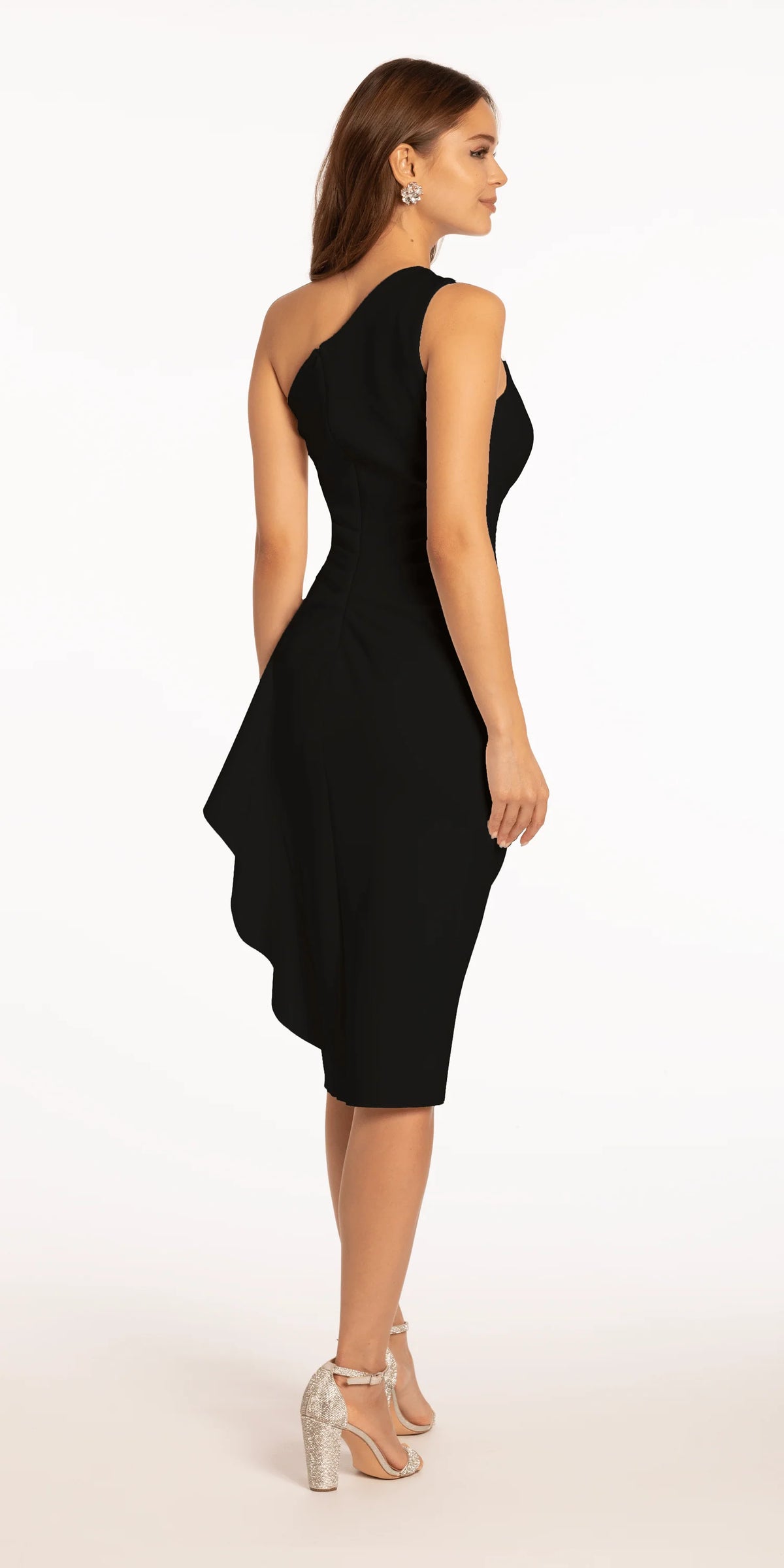 Scuba One Shoulder Ruched Midi Dress with Side Cascade