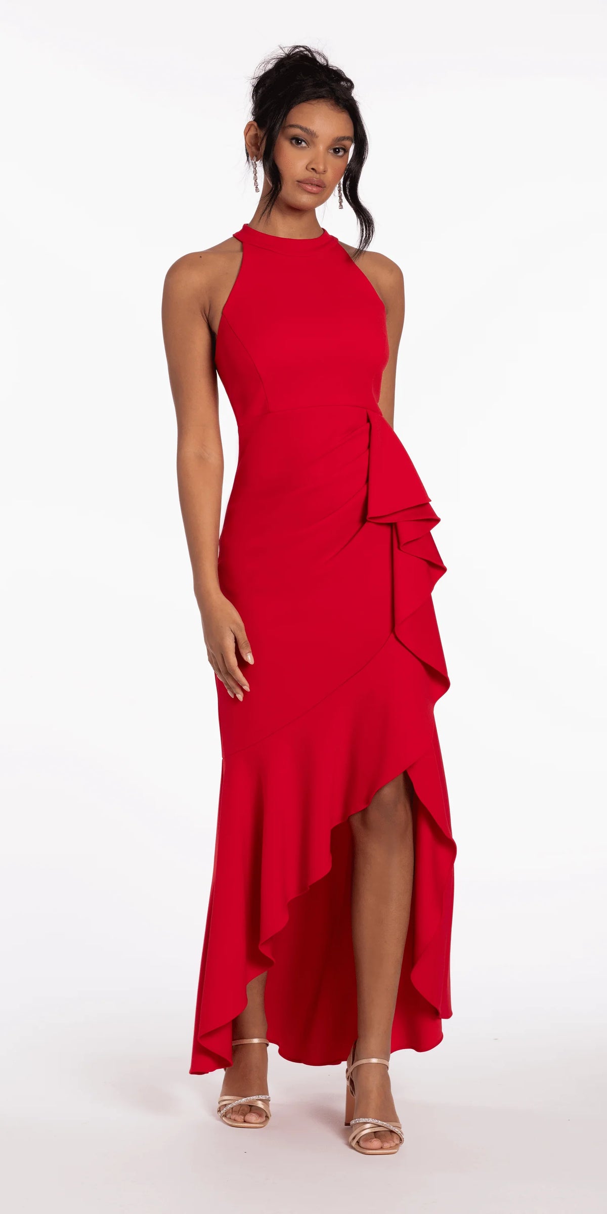 Crepe Racer Back Halter High Low Dress with Side Cascade