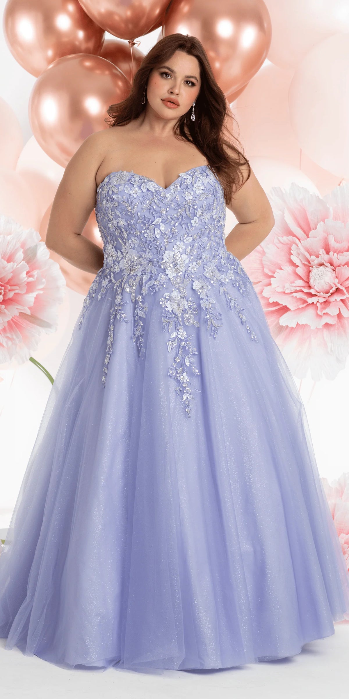 Strapless Sweetheart Glitter Mesh Ballgown with 3D Appliques