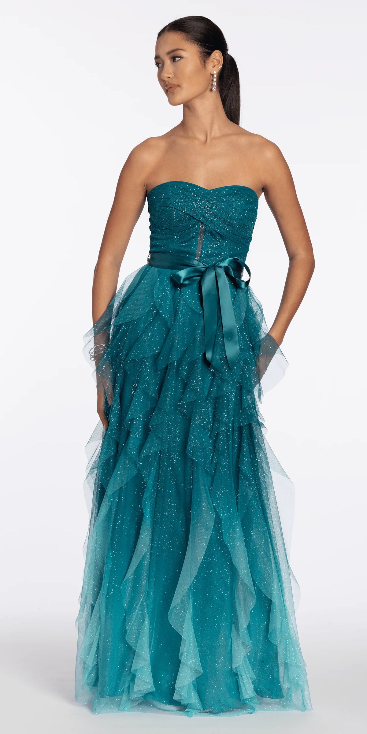 Strapless Glitter Mesh Ombre A Line Dress with Tendrils