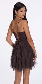 Lace Up Back Tiered Glitter Mesh Fit and Flare Dress