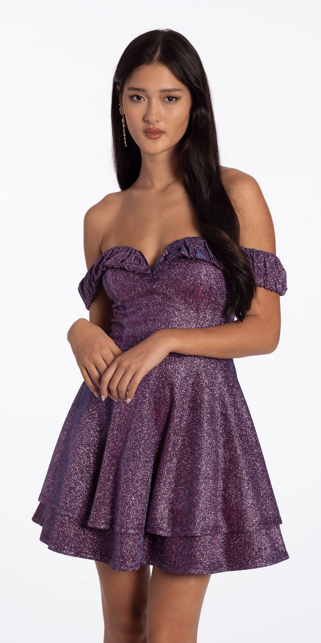 Glitter Metallic Off the Shoulder Tiered Fit and Flare Dress