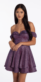Glitter Metallic Off the Shoulder Tiered Fit and Flare Dress
