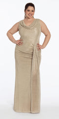 Metallic Cowl Neck Column Dress with Ruching and Tendril