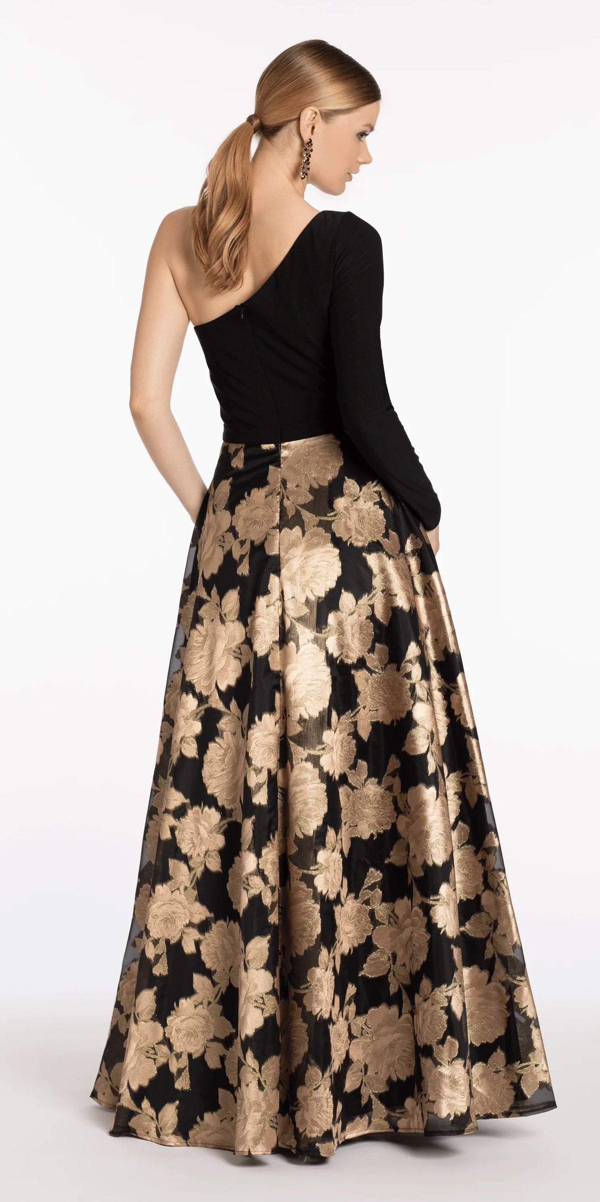 Jersey Jacquard One Shoulder Long Sleeve Ballgown with Pockets