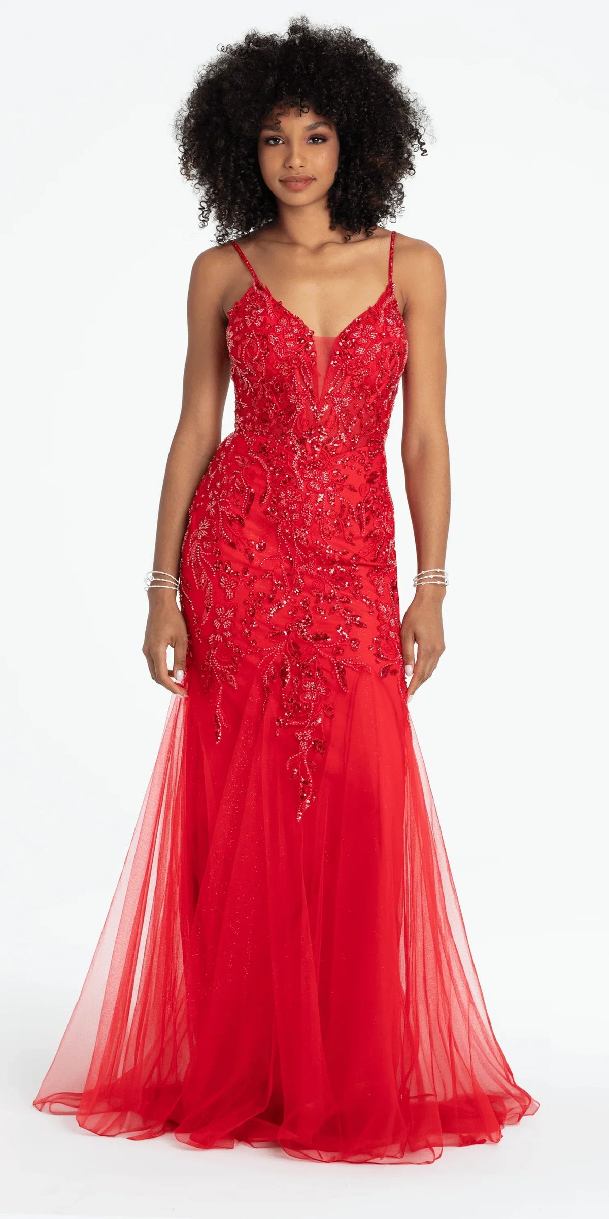 Beaded Embellished Plunging Glitter Mermaid Dress with Mesh Godets