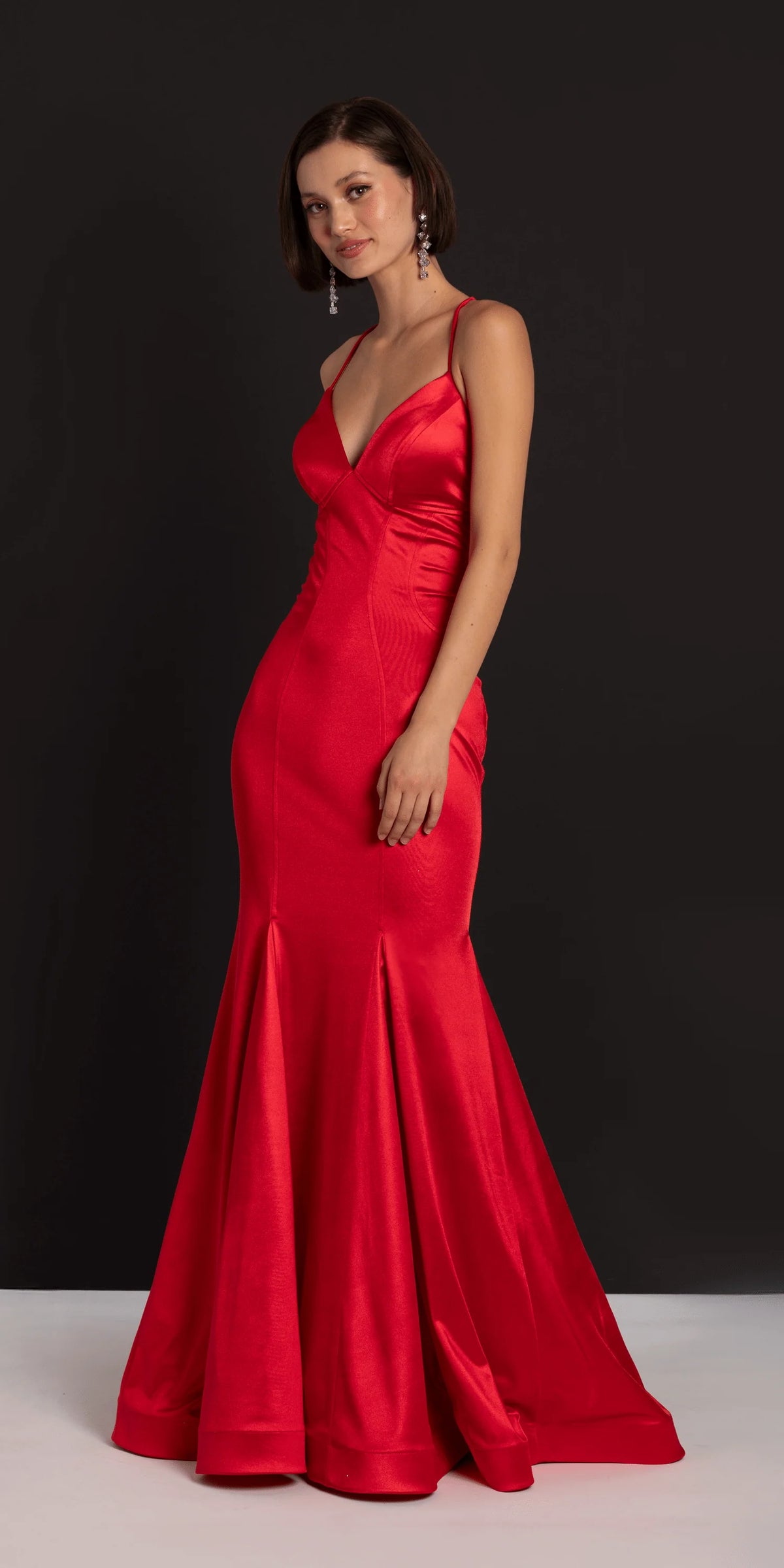 Strappy Back Satin Trumpet Dress with Godets