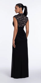 Two Tone Mesh Jewel Neck Cap Sleeve Column Dress with Ruching