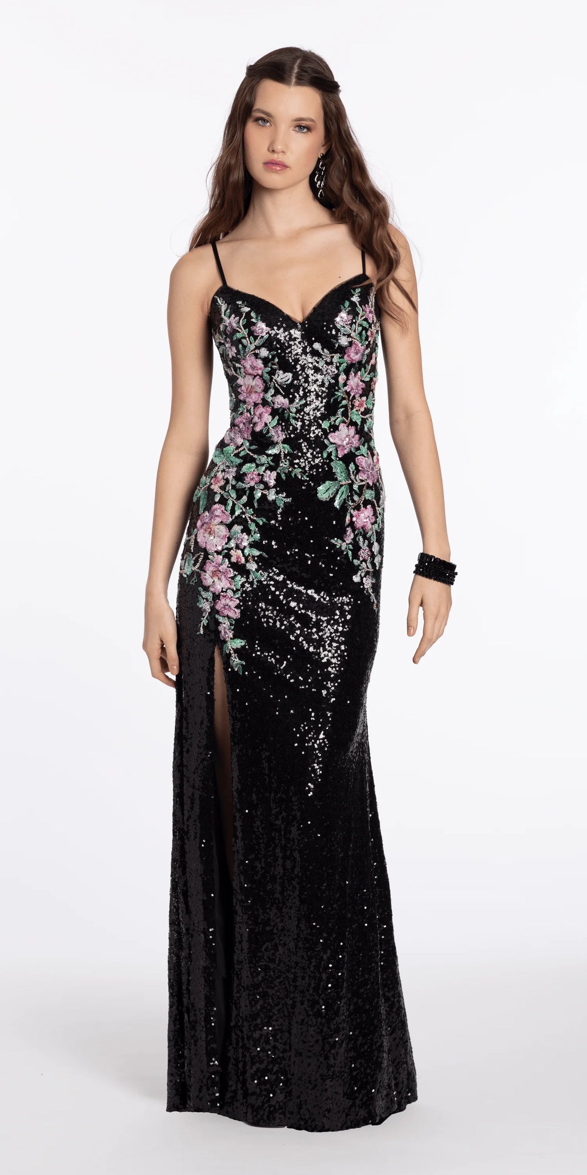 Sweetheart Sequin Column Dress with Embellished Floral Detail