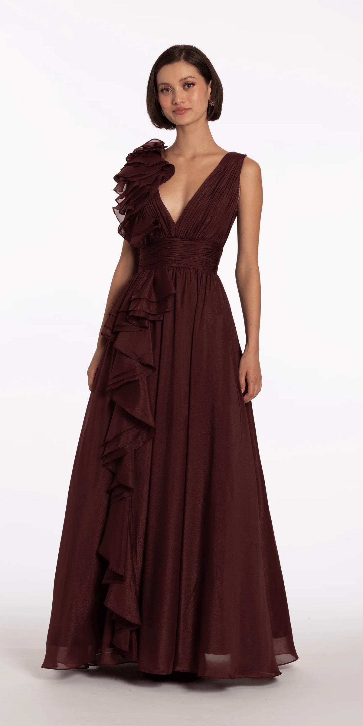 Pleated Organza V Neck Ballgown with 3D Ruffle
