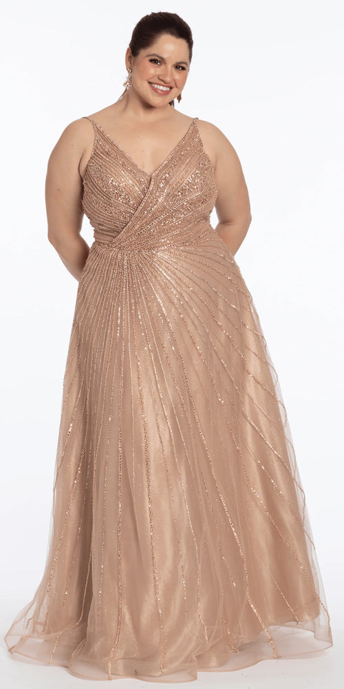 Deep V Neck Mesh Linear Beaded A Line Dress