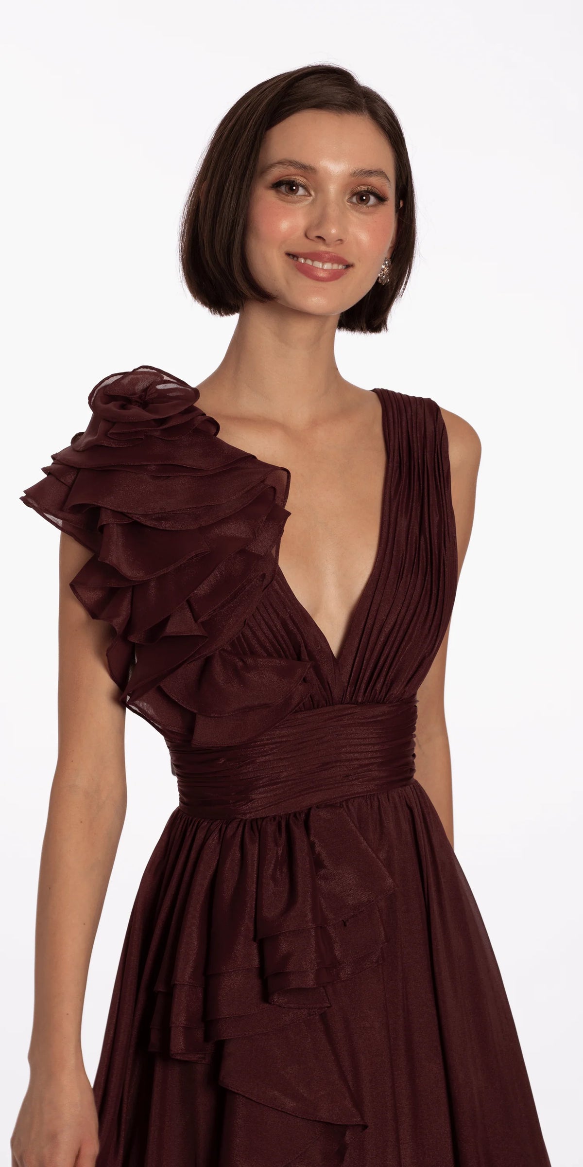 Pleated Organza V Neck Ballgown with 3D Ruffle