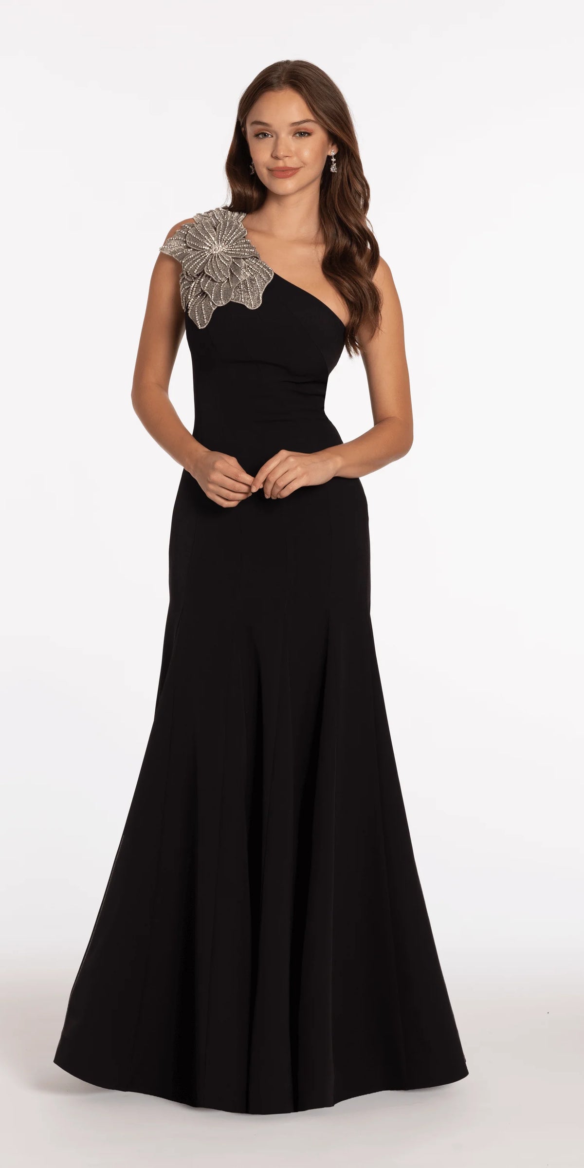 Jersey One Shoulder Mermaid Dress with Beaded Floral Applique
