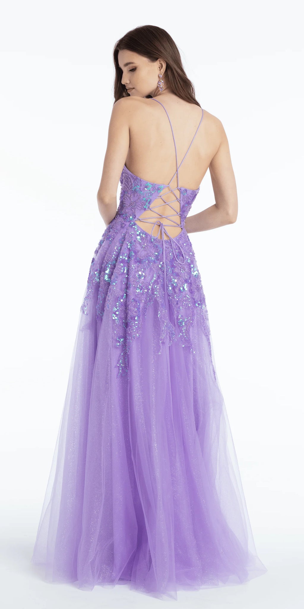 Sequin Embellished Glitter Plunge Ballgown with Side Slit