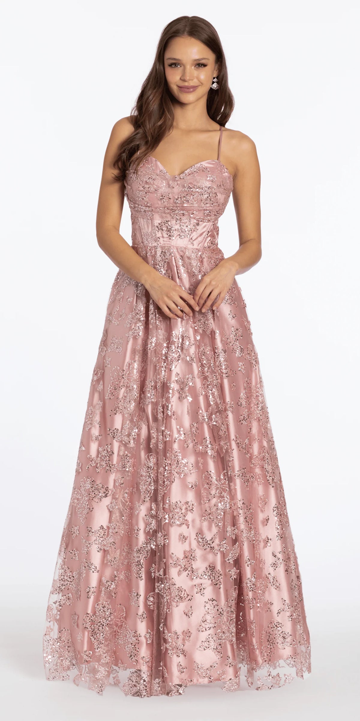 Glitter Butterfly Mesh Cowl Neck Corset Lace Up Back Ballgown
