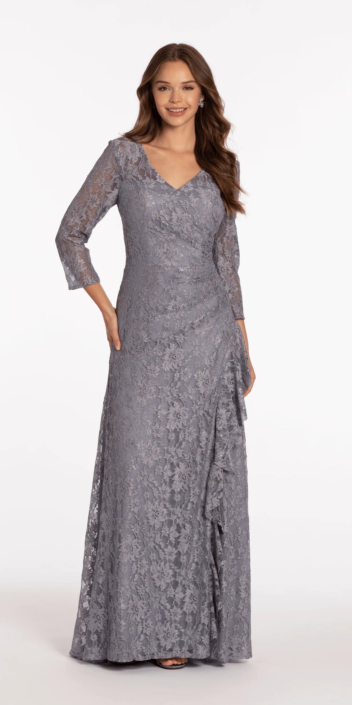 Lace V Neck 3 4Sleeve Column Dress with Ruching