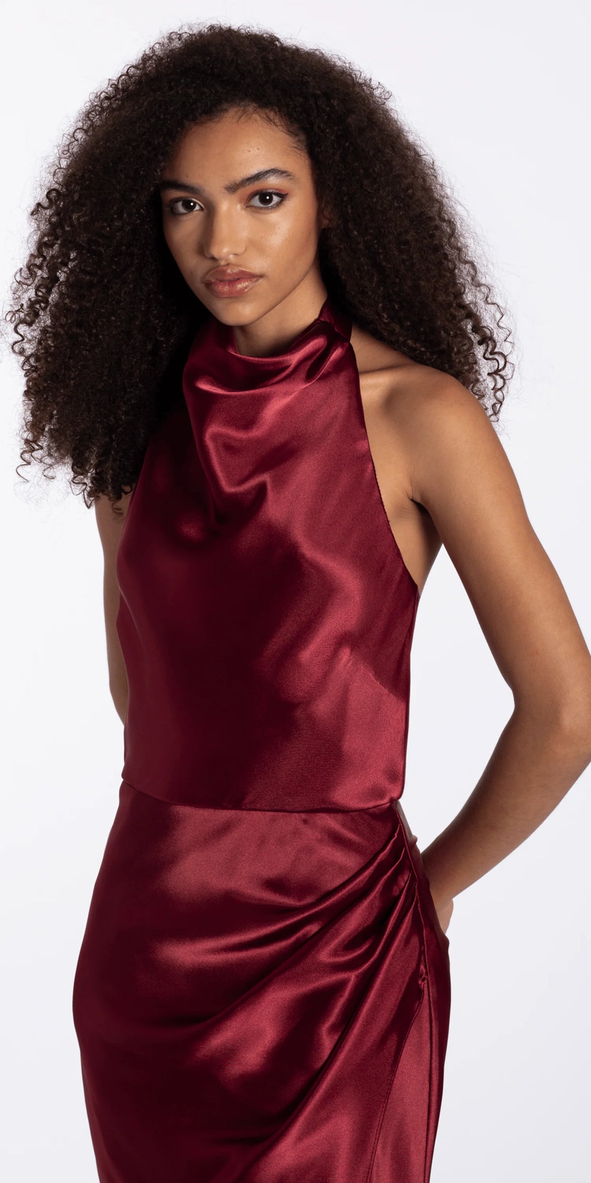 Satin Cowl Neck Halter Column Dress with Side Ruching
