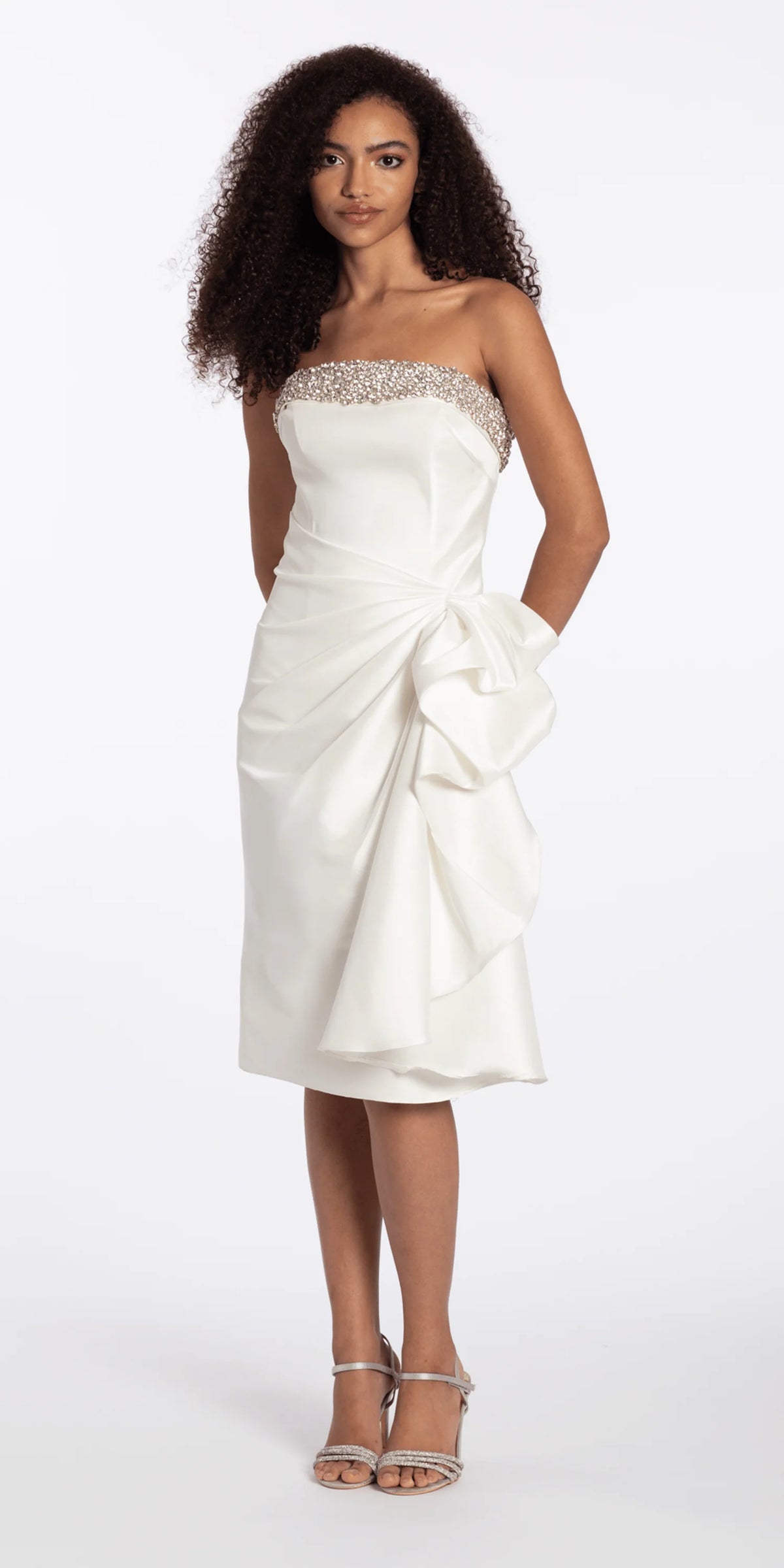 Embellished Strapless Mikado Midi Dress with Ruching