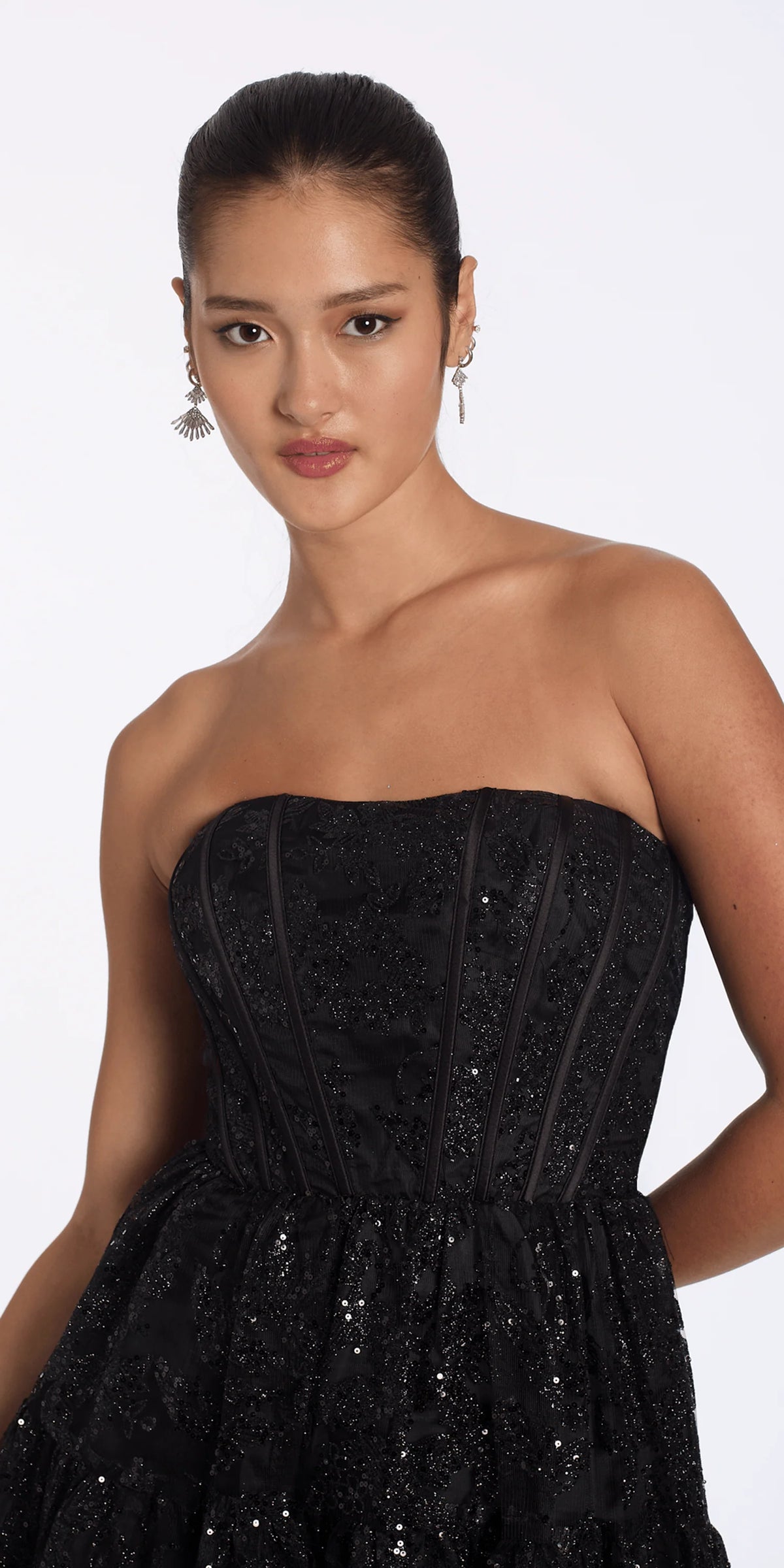 Strapless Glitter Sequin Corset Fit and Flare Dress
