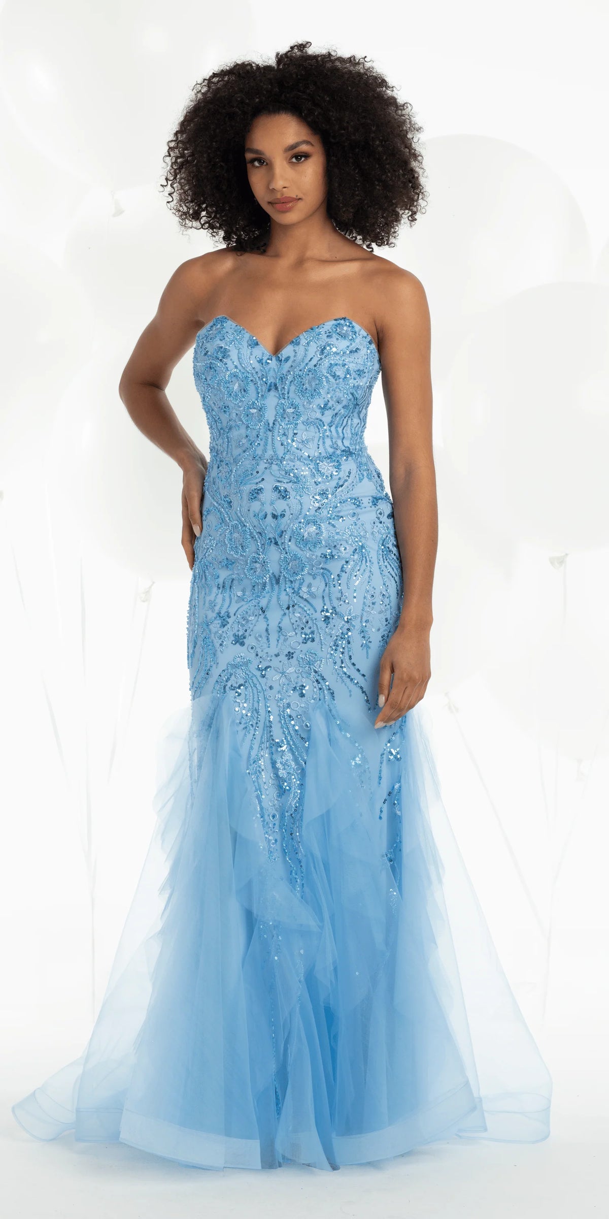 Strapless Beaded Mermaid Dress with Mesh Ruffle Godets
