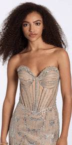 Strapless Rhinestone Illusion Glitter Mesh Corset Column Dress