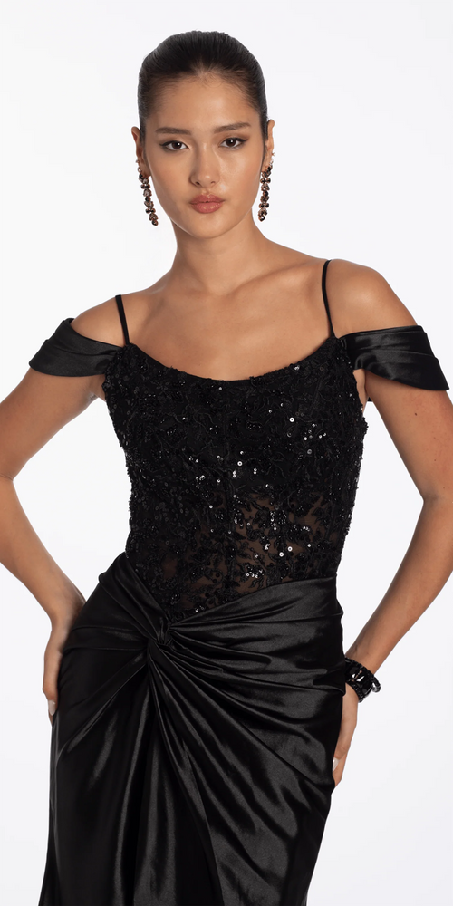Embroidered Sequin Satin Off the Shoulder Twist Knot Trumpet Dress