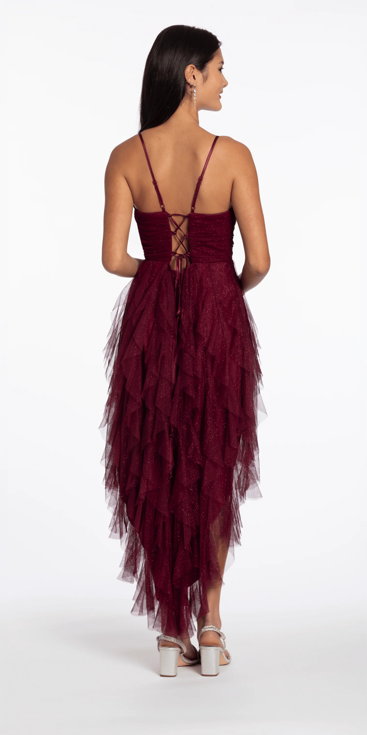 Scoop Neck Glitter Mesh Lace Up Back High Low Dress
