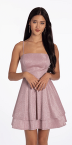 Open Embroidered Back Glitter Knit Tiered Fit and Flare Dress