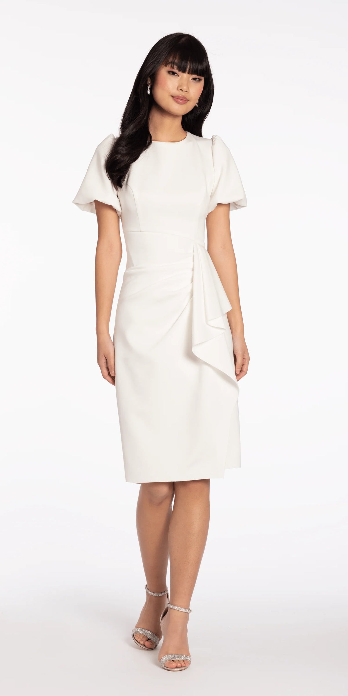 Short Puff Sleeve Scuba Midi Dress with Side Cascade