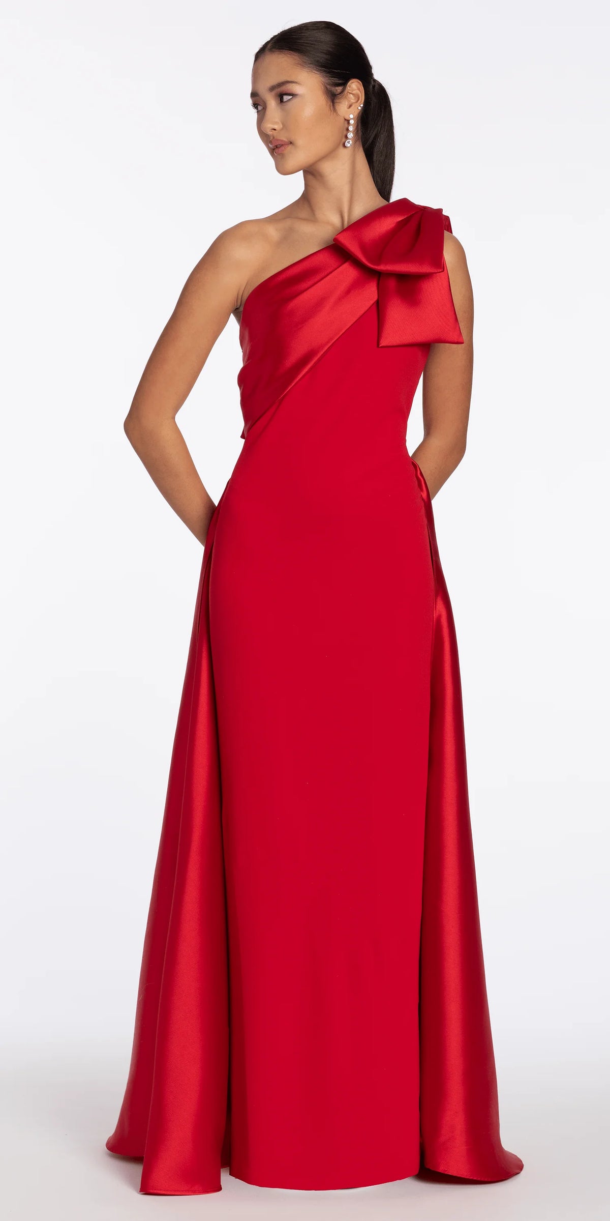 Stretch Crepe One Shoulder Dress with Mikado Cascades