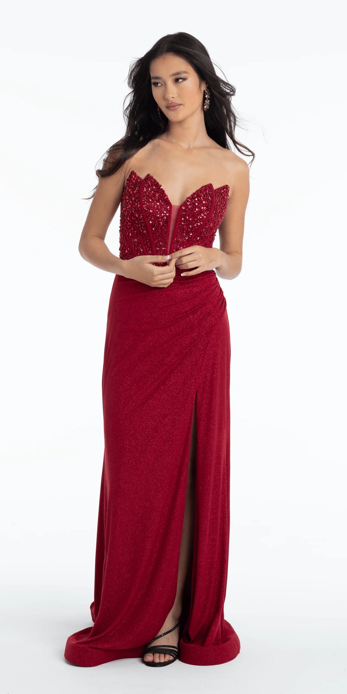 Glitter Knit Embellished Sweetheart Corset Trumpet Dress with Ruching